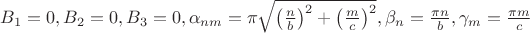 $B_1=0, B_2=0, B_3=0, \alpha_{nm}=\pi\sqrt{\left(\frac nb\right)^2+\left(\frac mc\right)^2}, \beta_n=\frac{\pi n}{b}, \gamma_m=\frac{\pi m}{c} $