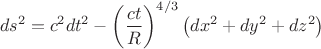 $$
ds^2 = c^2 dt^2 - \left( \frac{c t}{R} \right)^{4/3} \left( dx^2 + dy^2 + dz^2 \right)
$$