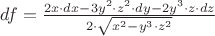 $df = \frac {2x \cdot dx - 3y^2 \cdot z^2 \cdot dy - 2y^3 \cdot z \cdot dz} {2 \cdot \sqrt {x^2 - y^3 \cdot z^2}}$