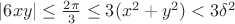 $|6xy|\le \frac{2\pi}{3}\le 3(x^2+y^2)<3\delta^2$