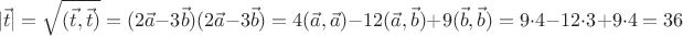 $$|\vec t|=\sqrt{(\vec t,\vec t)}=(2\vec a-3\vec b)(2\vec a-3\vec b)=4(\vec a,\vec a)-12(\vec a,\vec b)+9(\vec b,\vec b)=9\cdot 4-12\cdot 3+9\cdot 4=36$$