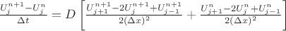 $\frac{U_j^{n+1}-U_j^{n}}{\Delta{}t}=D\left[\frac{U_{j+1}^{n+1}-2U_j^{n+1}+U_{j-1}^{n+1}}{2(\Delta{x})^2}+\frac{U_{j+1}^{n}-2U_j^{n}+U_{j-1}^{n}}{2(\Delta{x})^2}\right]$