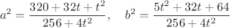 $$a^2=\frac{320+32t+t^2}{256+4t^2}, \quad b^2=\frac{5t^2+32t+64}{256+4t^2}$$