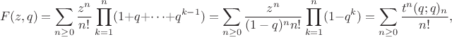 $$
F(z,q) = \sum_{n\ge 0} \frac{z^n}{n!} \prod_{k=1}^n (1+q+\dots+q^{k-1}) = 
\sum_{n\ge 0} \frac{z^n}{(1-q)^n n!} \prod_{k=1}^n (1-q^k) = \sum_{n\ge 0} \frac{t^n (q;q)_n}{ n!},
$$
