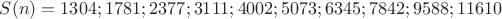 $S(n)=1304; 1781; 2377; 3111; 4002; 5073; 6345; 7842; 9588; 11610$