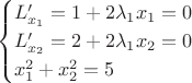 $$
\begin{cases}
L'_{x_1}=1+2\lambda_1 x_1=0\\
L'_{x_2}=2+2\lambda_1 x_2=0\\
x_1^2+x_2^2=5}
\end{cases}
$$