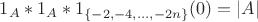 ${1_A} * {1_A} * {1_{\{-2,-4,\dots,-2n\}}(0)=|A|$
