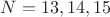 $N=13,14,15$