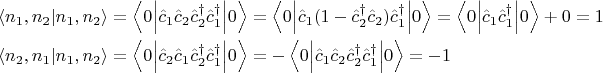 \begin{align*}
 \left\langle n_1, n_2 \middle| n_1, n_2 \right\rangle &= \left\langle 0 \middle| \hat c_1 \hat c_2 \hat c^\dagger_2 \hat c^\dagger_1 \middle| 0 \right \rangle= \left\langle 0 \middle| \hat c_1(1-\hat c^\dagger_2\hat c_2)\hat c^\dagger_1 \middle| 0 \right \rangle=\left\langle 0 \middle| \hat c_1\hat c^\dagger_1 \middle| 0 \right \rangle+0=1\\
\left\langle n_2, n_1 \middle| n_1, n_2 \right\rangle &= \left\langle 0 \middle| \hat c_2 \hat c_1 \hat c^\dagger_2 \hat c^\dagger_1 \middle| 0 \right \rangle = - \left\langle 0 \middle| \hat c_1 \hat c_2 \hat c^\dagger_2 \hat c^\dagger_1 \middle| 0 \right \rangle=-1
\end{align*}