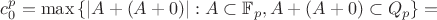 $c^p_0=\max \left\{ |A+(A+0)| : A \subset {\mathbb F}_p, A+(A+0) \subset Q_p \right\}=$