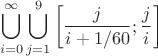 $$\[
\bigcup\limits_{i = 0}^\infty  {\bigcup\limits_{j = 1}^9 {\left[ {\frac{j}
{{i + {1 \mathord{\left/
 {\vphantom {1 {60}}} \right.
 \kern-\nulldelimiterspace} {60}}}};\frac{j}
{i}} \right]} } 
\]
$$