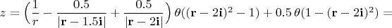 $z=\Bigl(\dfrac{1}{r}-\dfrac{0.5}{|\mathbf{r}-1.5\mathbf{i}|}+\dfrac{0.5}{|\mathbf{r}-2\mathbf{i}|}\Bigr)\,\theta((\mathbf{r}-2\mathbf{i})^2-1) + 0.5\,\theta(1-(\mathbf{r}-2\mathbf{i})^2)=$