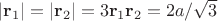 $|{\bf r}_1|=|{\bf r}_2|=3{\bf r}_1{\bf r}_2=2a/\sqrt{3}$
