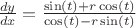 $\frac{dy}{dx}=\frac{\sin(t)+r\cos(t)}{\cos(t)-r\sin(t)}$