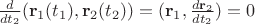 $\frac d{dt_2}(\mathbf r_1(t_1), \mathbf r_2(t_2))=(\mathbf r_1, \frac{d\mathbf r_2}{dt_2})=0$