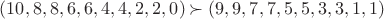 $$(10,8,8,6,6,4,4,2,2,0)\succ(9,9,7,7,5,5,3,3,1,1)$$