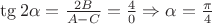 $\tg2\alpha=\frac{2B}{A-C}=\frac{4}{0} \Rightarrow \alpha=\frac{\pi}{4}$