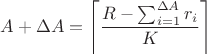 $$A+\Delta A=\left\lceil{\frac{R-\sum_{i=1}^{\Delta A}{r_i}}{K}}\right\rceil$$