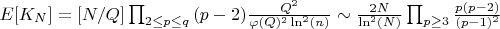 $E[K_N]=[N/Q]\prod_{2 \leq p \leq q}{(p-2)}\frac{Q^2}{\varphi(Q)^2\ln^2(n)}} \sim \frac{2N}{\ln^2(N)}\prod_{p \geq 3}\frac{p(p-2)}{(p-1)^2}$