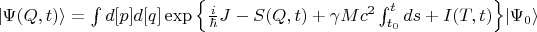 $\vert \Psi(Q,t)\rangle=\int{d[p]d[q] \exp\left\{\frac{i}{\hbar} J - S(Q,t) + \gamma Mc^{2}\int_{t_0}^{t}ds + I(T,t) \right\}} \vert \Psi_0\rangle$