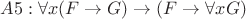 $A5: \forall x(F\to G)\to (F\to \forall x G)$