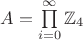 $A=\prod\limits_{i=0}^\infty\mathbb Z_4$
