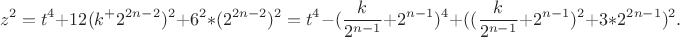 $$z^2=t^4+12(k^+2^{2n-2})^2+6^2*(2^{2n-2})^2=t^4-(\frac{k}{2^{n-1}}+2^{n-1})^4+((\frac{k}{2^{n-1}}+2^{n-1})^2+3*2^{2n-1})^2.$$