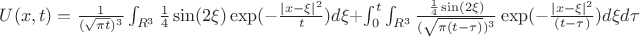 $U(x,t)=\frac{1}{(\sqrt{\pi t})^3}   \int_{R^3}  \frac{1}{4} \sin(2\xi)   \exp(-\frac{|x- \xi|^2}{ t}) d\xi  + \int_{0}^{t} \int_{R^3}  \frac{\frac{1}{4} \sin(2\xi)}{(\sqrt{\pi(t-\tau)})^3} \exp(-\frac{|x- \xi|^2}{(t-\tau)} )d\xi d\tau$