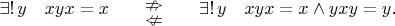 $$\exists!\,y\quad xyx=x\qquad\overset{\textstyle\nRightarrow}{\underset{\textstyle\nLeftarrow}{}}\qquad\exists!\,y\quad  xyx=x\wedge yxy=y.$$