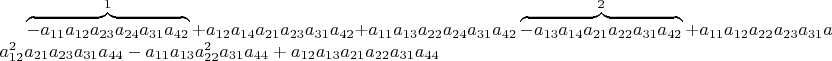 $\overbrace{\cancel{-a_{11}a_{12}a_{23}a_{24}a_{31}a_{42}}}^{1}+a_{12}a_{14}a_{21}a_{23}a_{31}a_{42}+a_{11}a_{13}a_{22}a_{24}a_{31}a_{42}\overbrace{\cancel{-a_{13}a_{14}a_{21}a_{22}a_{31}a_{42}}}^{2}+a_{11}a_{12}a_{22}a_{23}a_{31}a_{44}-a_{12}^{2}a_{21}a_{23}a_{31}a_{44}-a_{11}a_{13}a_{22}^{2}a_{31}a_{44}+a_{12}a_{13}a_{21}a_{22}a_{31}a_{44}$