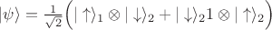 $|\psi\rangle=\frac{1}{\sqrt{2}}\Bigl(|\uparrow\rangle_1\otimes|\downarrow\rangle_2+|\downarrow\rangle_21\otimes|\uparrow\rangle_2\Bigr)$