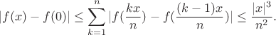 $$|f(x)-f(0)|\le \sum_{k=1}^n |f(\frac{kx}{n})-f(\frac{(k-1)x}{n})| \le \frac{|x|^3}{n^2}.$$