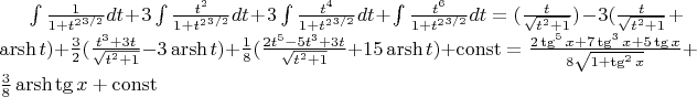 $\int \frac{1}{{1+t^2}^{3/2}}dt+3\int \frac{t^2}{{1+t^2}^{3/2}}dt+3\int \frac{t^4}{{1+t^2}^{3/2}}dt+\int \frac{t^6}{{1+t^2}^{3/2}}dt=(\frac{t}{\sqrt{t^2+1}})- 3 (\frac{t}{\sqrt{t^2+1}}+\operatorname{arsh} t) + \frac{3}{2}(\frac{t^3+3t}{\sqrt{t^2+1}}-3\operatorname{arsh} t) + \frac{1}{8}(\frac{2t^5-5t^3+3t}{\sqrt{t^2+1}}+15\operatorname{arsh} t) + \operatorname{const}= \frac{2\tg^5 x+7\tg^3 x+5\tg x}{8\sqrt{1+\tg^2 x}}+\frac{3}{8}\operatorname{arsh} \tg x + \operatorname{const}$