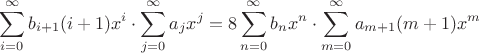 $$\sum\limits_{i=0}^\infty b_{i+1}(i+1) x^i \cdot \sum\limits_{j=0}^\infty a_j x^j = 8 \sum\limits_{n=0}^\infty b_n x^n \cdot \sum\limits_{m=0}^\infty a_{m+1} (m+1) x^m$$ $$\sum\limits_{i=0}^\infty b_{i+1}(i+1) x^i \cdot \sum\limits_{j=0}^\infty a_j x^j = 8 \sum\limits_{n=0}^\infty b_n x^n \cdot \sum\limits_{m=0}^\infty a_{m+1} (m+1) x^m$$