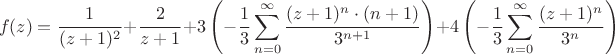 $$f(z)=\frac1 {(z+1)^2}+\frac 2 {z+1}+3\left(-\frac 1 3 \sum\limits_{n=0}^{\infty} \frac {(z+1)^n \cdot (n+1)} {3^{n+1}}\right)+4 \left(-\frac 1 3 \sum\limits_{n=0}^{\infty}\frac {(z+1)^n} {3^n} \right)$$