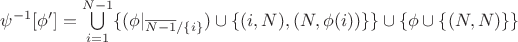 $\psi^{-1}[\phi']=\bigcup\limits_{i=1}^{N-1} \{(\phi|_{\overline{N-1}/\{i\}})\cup\{(i,N),(N,\phi(i))\}\}\cup\{\phi\cup\{(N,N)\}\}$
