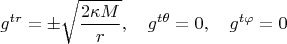 $$
g^{t r} = \pm \sqrt{\frac{2 \kappa M}{r}}, \quad g^{t \theta} = 0, \quad g^{t \varphi} = 0
$$