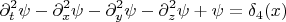$$
\partial_t^2 \psi - \partial_x^2 \psi - \partial_y^2 \psi - \partial_z^2 \psi + \psi = \delta_4 (x)
$$