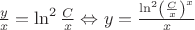 $\frac yx}=\ln^2 {\frac Cx} \Leftrightarrow y=\frac {\ln^2 \left({\frac Cx} \right)^x}x$$
