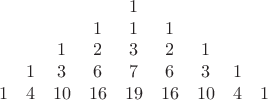 $$\begin{matrix}
_ & _  & _  & _   & 1  & _   & _   & _  & _ \\
_ & _  & _  & 1   & 1  & 1   & _   & _  & _ \\
_ & _  &  1 & 2   & 3  & 2   & 1   & _  & _ \\
_ &  1 &  3 &  6  & 7  &  6  &  3  &  1 & _ \\
1 &  4 & 10 & 16 & 19 & 16 & 10 &  4 & 1 \end{pmatrix}$$