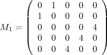 $M_1=\left( \begin{array} {ccccc} 0 & 1 & 0 & 0 & 0 \\ 1 & 0 & 0 & 0 & 0 \\ 0 & 0 & 0 & 0 & 4 \\ 0 & 0 & 0 & 4 & 0 \\ 0 & 0 & 4 & 0 & 0 \end{array} \right)$