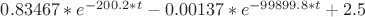 $0.83467*e^{-200.2*t}-0.00137*e^{-99899.8*t}+2.5$