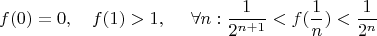 $$f(0) = 0, \ \ \  f(1) >1,  
 \ \ \ \ \forall n :  \frac {1} {2^{n+1}} < f(\frac {1} {n}) < \frac {1} {2^n}   $$