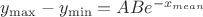 $y_{\max}-y_{\min}=A Be^{-x_{mean}}$