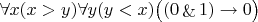 $\forall x (x>y) \forall y(y<x) \big ((0 \mathop {\&} 1) \rightarrow 0 $\big  )