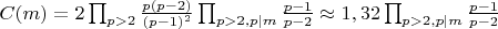 $C(m)=2 \prod_{p>2}\frac {p(p-2)}{(p-1)^2} \prod_{p>2,p|m}\frac {p-1}{p-2}\approx 1,32 \prod_{p>2,p|m}\frac {p-1}{p-2}$