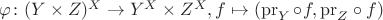 $\varphi \colon(Y\times Z)^X\to Y^X\times Z^X, f\mapsto (\operatorname{pr}_Y\circ f, \mathrm{pr}_Z\circ f)$