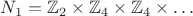 $$N_1=\mathbb Z_2\times\mathbb Z_4\times\mathbb Z_4\times\ldots$$