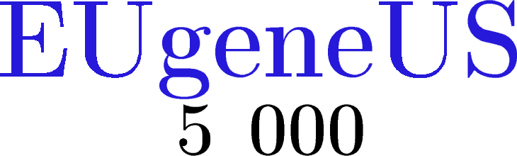 $\tikz[scale=2,transform shape, font=\fontsize{28}\selectfont,black]{
\node at (-.9,-0.2) {\textbf{5}};
\node at (.65,-0.2) {\textbf{000}};
\node at (0,.9) [scale=1.2,transform shape, font=\fontsize{33}\selectfont,blue!80!brown!100][rotate=0] {\textbf{EUgeneUS}}
;}$