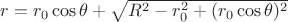 $r=r_0\cos\theta+\sqrt{R^2-r_0^2+(r_0\cos\theta)^2}$